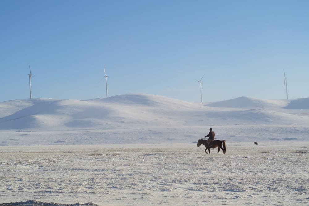 A herder rides past the Salkhit turbines across the winter steppe