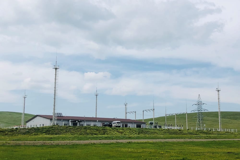 The Salkhit substation and turbine rows in summer